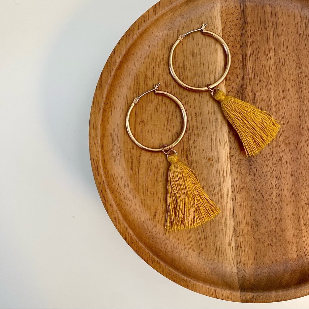 4/$15 Gold Hoops with Mustard Yellow Tassels Drop Earrings